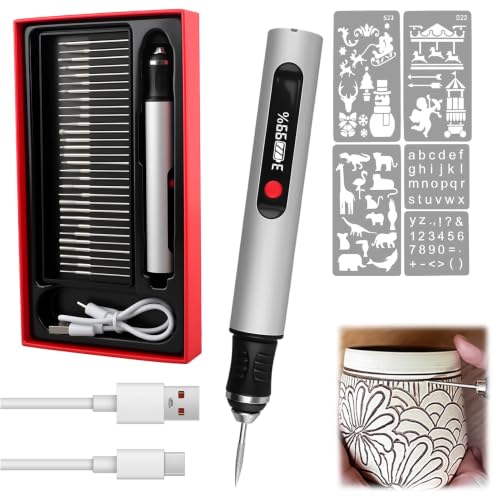 Stylo Graveur Électrique Sans Fil Rechargeable USB-C, Kit Pyrograveur sur Bois Métal et Verre avec 3 Vitesses, Équipé de 30 forets pour Bricolage Bijoux et Gravure Laser, Argent