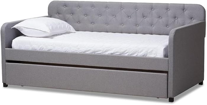 Baxton Studio Camelia Modern and Contemporary Grey Fabric Upholstered Button-Tufted Twin Size Sofa Daybed with Roll-Out Trundle Guest Bed