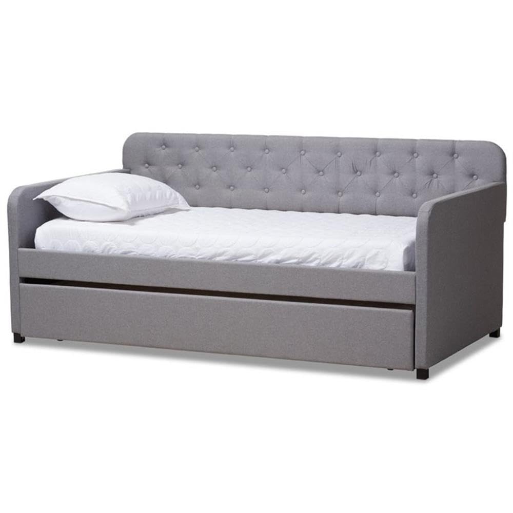 Baxton Studio Camelia Modern and Contemporary Grey Fabric Upholstered Button-Tufted Twin Size Sofa Daybed with Roll-Out Trundle Guest Bed