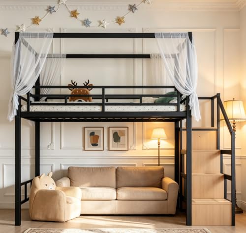 Image of Bellemave Full loft Bed with Storage Stairs, Wardrobe, Canopy Support Pole, Metal Full Loft Bed Frame for Adults, Kids, Teens, Canopy can be Disassembled, Black+Natural Wood