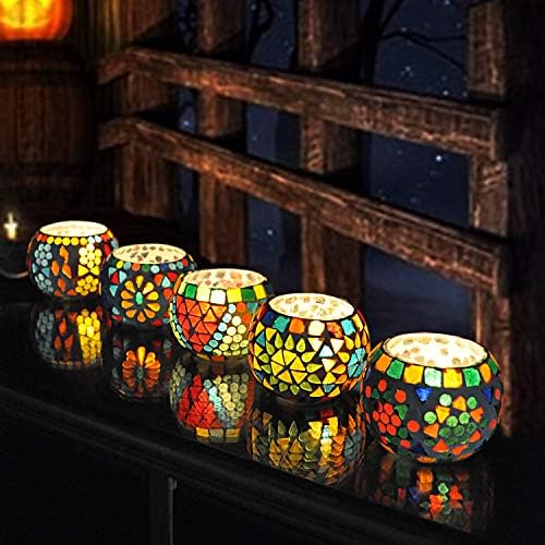 Set of 5 Tea Light Candle Holder Bowl Mosaic Glass Votive Candle Holder Decorative Candle Holder Tealight Bowl Tea Night Light Holders Handmade Artwork Gifts for Home Decor/Party Decorations