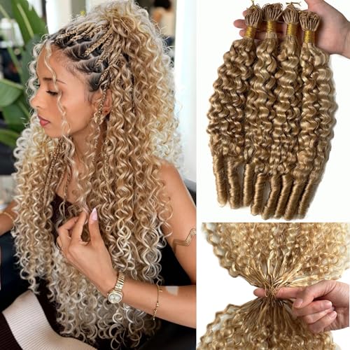 Crochet Human Hair Extensions 16Inch Micro Pre Looped Burmese Curly Honey Blonde to Bleach Blonde Highlight Invisible Crochet Hair Bundles Pre Separated Knotless Curly Hairs for Braiding Twist 50G