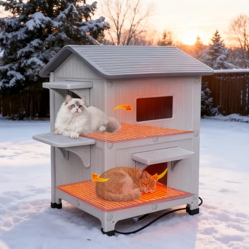Rockever 2 Story Heated Cat House for Outside in Winter, 100% Waterproof Heated Cat House for Outdoor Cats with Heating Pad, Elevated Outdoor Cat House, Safe Escape Door for Outdoor Cats