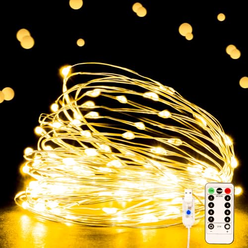 Ehome String Lights, USB Fairy Lights Plug in with Remote & Timer 66 ft 200 LED Twinkle String Lights Silver Wire Lights 8 Modes Outdoor Indoor Waterproof Starry Lights DIY Party Wedding, Warm White