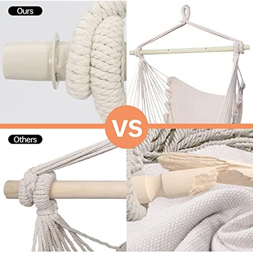Hanging Hammock Chair Swing Indoor- Patio Outdoor Rope Hanging Chairs Sturdy & Safe For Bedroom Decor Or Camping Gear,Max 330 Lbs,2 Comfort Cushions Included For Kids Girls,Easy To Assemble,Beige #TOP4