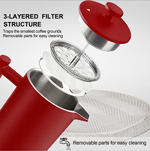 Image of Secura French Press Coffee Maker, 304 Grade Stainless Steel Insulated Coffee Press with 2 Extra Screens, 34oz (1 Litre), Red (Pack of 12)