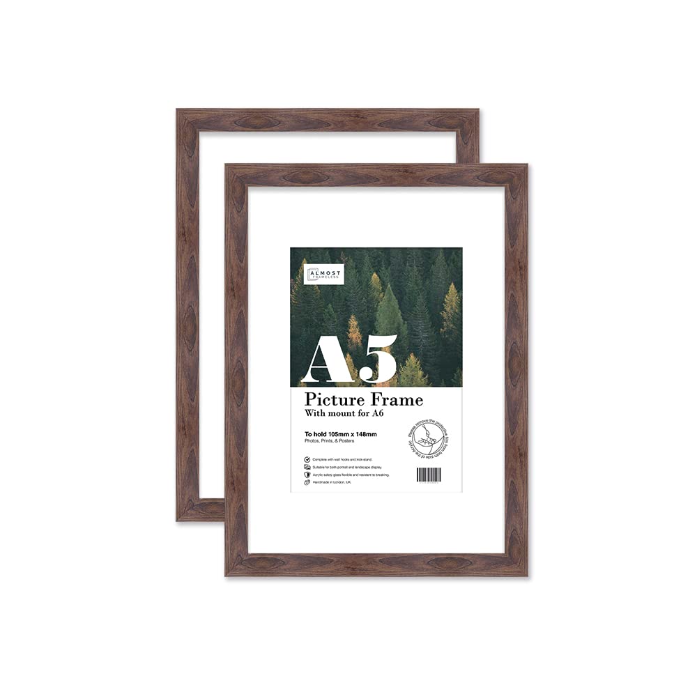 Almost Frameless Walnut A5 Picture Frame Set Of 2, Display A6 Pictures With Mount Or A5 Without Mount Gallery Wall, Poster, Photo, Artwork, Or Print,