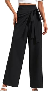 Womens Casual Tie Belted High Waist Pants Summer Wide Leg Trousers Comfy Solid Color Fashion Elastic Long Work Pant