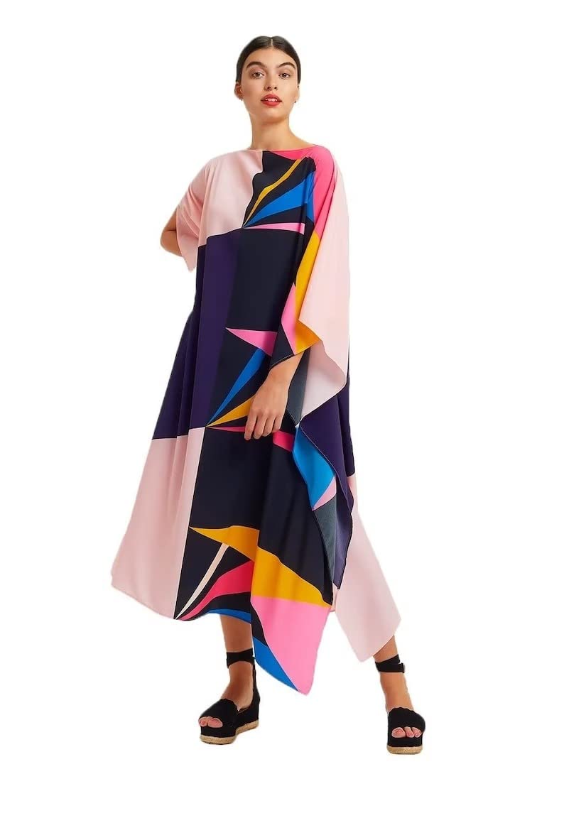 GenericDesigner Women’s Boat Neck Style Printed Soft Silk Kaftan Islamic Wear,Beach Dress,Maxi Dress,Caftan,Birthday,Crew Neck Style,Regular Kaftan Black, Black, One size