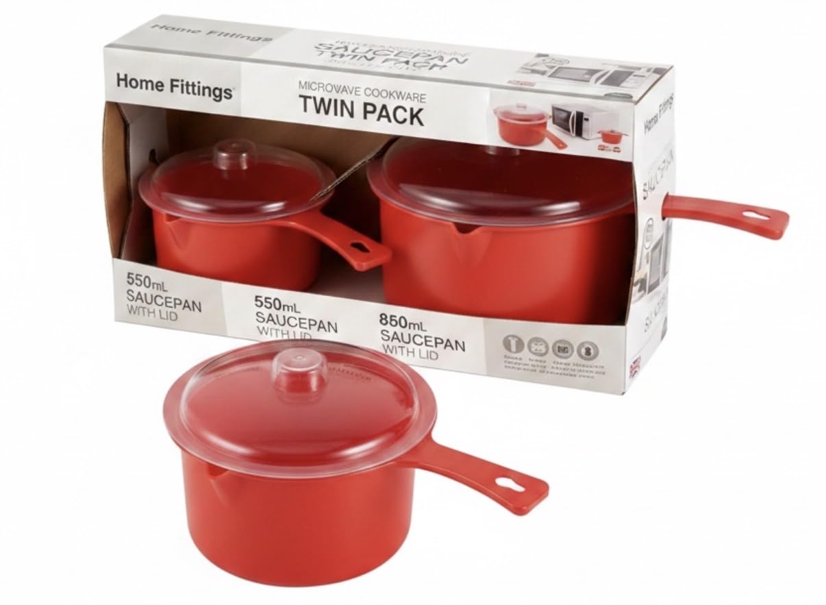 Home Fittings ® Set Easy Cook Polly Carbonate Non-Staining Microwave Saucepan and Lid, Red 850ML & 550ML BPA Safe (Pack of 2) RED Sauce Pan