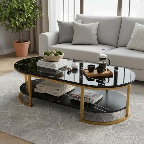 Image of Shoppee Modern 2-Tier Center Table with Engineered Wooden Top & Gold Metal Frame, Cocktail Sofa Table Living Room, Elegant Coffee Table - for Home, Office, Dining (Black & Gold)