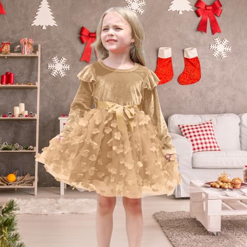 Toddler Girls Tutu Dresses Velvet Long Sleeve Dress for Little Girls Flower Ruffle Winter for Princess Holiday Party2