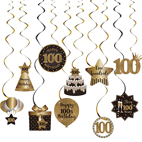 Happy 100th Birthday Party Hanging Swirls Streams Ceiling Decorations, Celebration 100 Foil Hanging Swirls with Cutouts for 100 Years Old Black and Gold Birthday Party Decorations Supplies