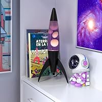 FISURA - Lila Lavalampe „Rocket“. Schwarzer Sockel, lila Flüssigkeit und weiße Lava. Retro-Lavalampe mit Ersatzbirne. Ideal für Wohnzimmer, Büro oder Schlafzimmer. Maße: 20 cm x 20 cm x 45 cm. – Ansicht 6