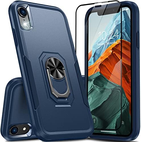 Oneagle for iPhone XR Case, 2 in 1 Heavy Duty Kickstand iPhone Xr Case with [Tempered Glass Screen Protector][ 360°Rotating Ring Stand]Slim Military Grade Shockproof Phone Case for iPhone XR 6.1 inch