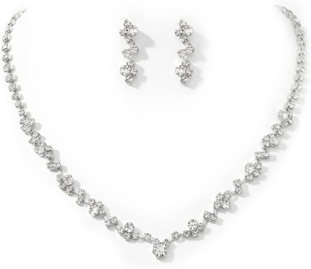 Unicra Bride Crystal Necklace Earrings Set Bridal Wedding Jewelry Sets Rhinestone Choker Necklace Prom Costume Jewelry Set for Women and Girls (3 piece set - 2 earrings and 1 necklace) (silver)