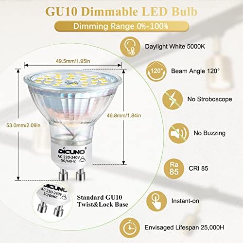 DiCUNO GU10 Dimmable LED Bulb, 4W Daylight White 5000K, Energy Saving Light Bulbs, 400LM,120°Beam Angle, 40W Halogen Equivalent, AC 220-240V, 6 Packs