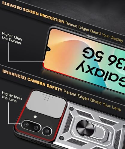 Image of WOW IMAGINE Tough Armor Bumper Mobile Back Case for Samsung Galaxy M36 5G | Sliding Camera Shield Cover | Shock Proof 360 Protection | Hybrid PC + TPU | Ring Holder with Kickstand - Silver