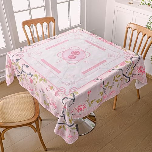 Oudain Chinoiserie Mahjong Tablecloth Florals Card Table Cloth 55x 55 Inch Square Tablecloth Game Table Cover with Game Rules for Mahjong Beginners, Card, Board Tile Games (Pink and Green)