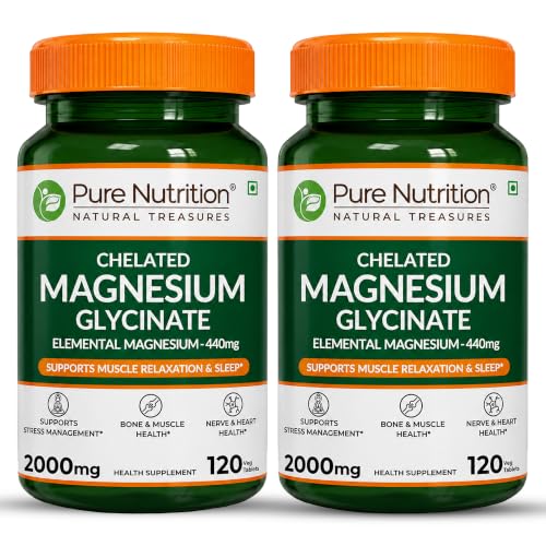 Image of Pure Nutrition Chelated Magnesium Glycinate - 240 Tabs (120x2), 2000mg | High Absorption for Sleep, Cramps, Nerves Health, Relaxation, Bone & Joint Health | Elemental Magnesium 440mg