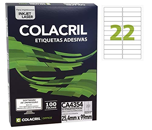 ColaCril Etiqueta Adesiva Ink-Jet/Laser A4, CA4354, Branco, 25.4 x 99.0 mm, envelope com 100 fls-220