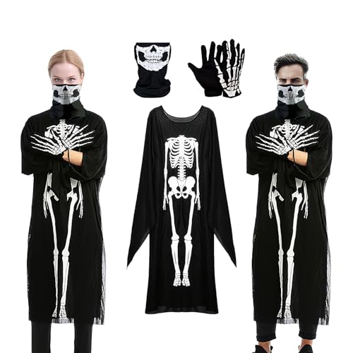 Lalieffacely Skelett Kostüm Damen Herren, Halloween Kostüm Damen Skeleton Costume mit Totenkopf Maske und Skelett Handschuhe für Halloween Cosplay...