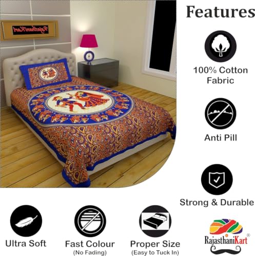 Image of RajasthaniKart Comfort Rajasthani Jaipuri Traditional Sanganeri Print 144 TC Cotton Single Bedsheet with 1 Pillow Cover - King, Round Dandiya (Blue, Single)