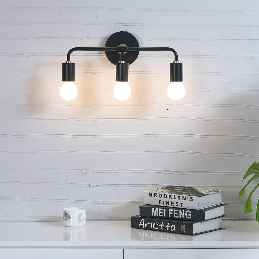 Image of Home Decor 3-Light Wall Sconce - Modern Minimalist Bathroom Vanity Hallway Lighting - Industrial Exposed Bulb Wall Lamp Fixture - Black Brass - Height: 6.5 inches Width: 15.9 inches Depth: 5.7 inches