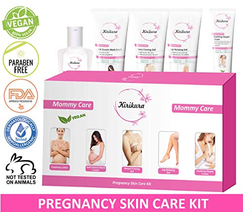KIRIKURA Vegan 5 in 1 Mommy Care Non Greasy with Soothing Nipple cream, Breast firming gel, Stretch Marks cream, Leg relaxing Gel, Elasticity Lotion Hydrating & Soothing, 10.14 fl. oz.