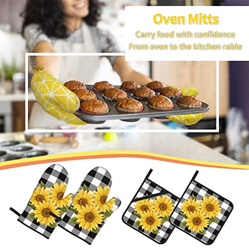 Sunflower Black White Buffalo Plaid Oven Mitts And Pot Holders Sets Of 4 High Heat Resistant Yellow Floral Lumberjack Check Oven Mitts With Oven Gloves And Hot Pads Non-Slip Potholders For Kitchen Bbq #TOP6