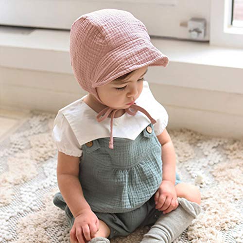 Baby Hat Brimmed Sun Bonnet Muslin Double Gauze (Cotton) Toddler Fashion Hat Boys Girls Earflap Beanie, Beige+Pink, S #TOP1