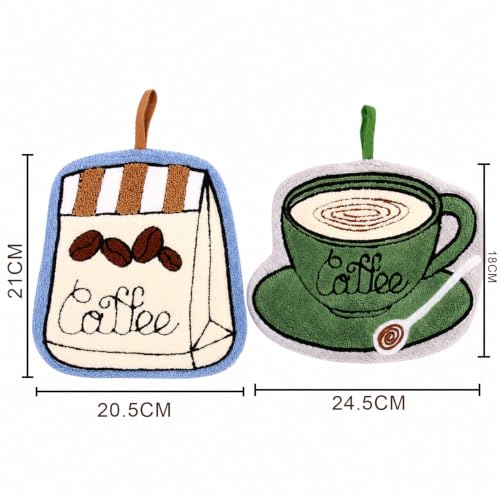 Image of House of Quirk Coffee Shaped Hanging Towels Set of 2 | Soft Coral Fleece Kitchen & Bathroom Towels | Super Absorbent & Quick-Dry Decorative Cloths (Green /Beige)