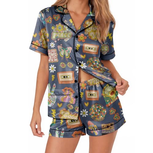 Image of Women's satin pajamas set, Short-sleeve button down Loungewear