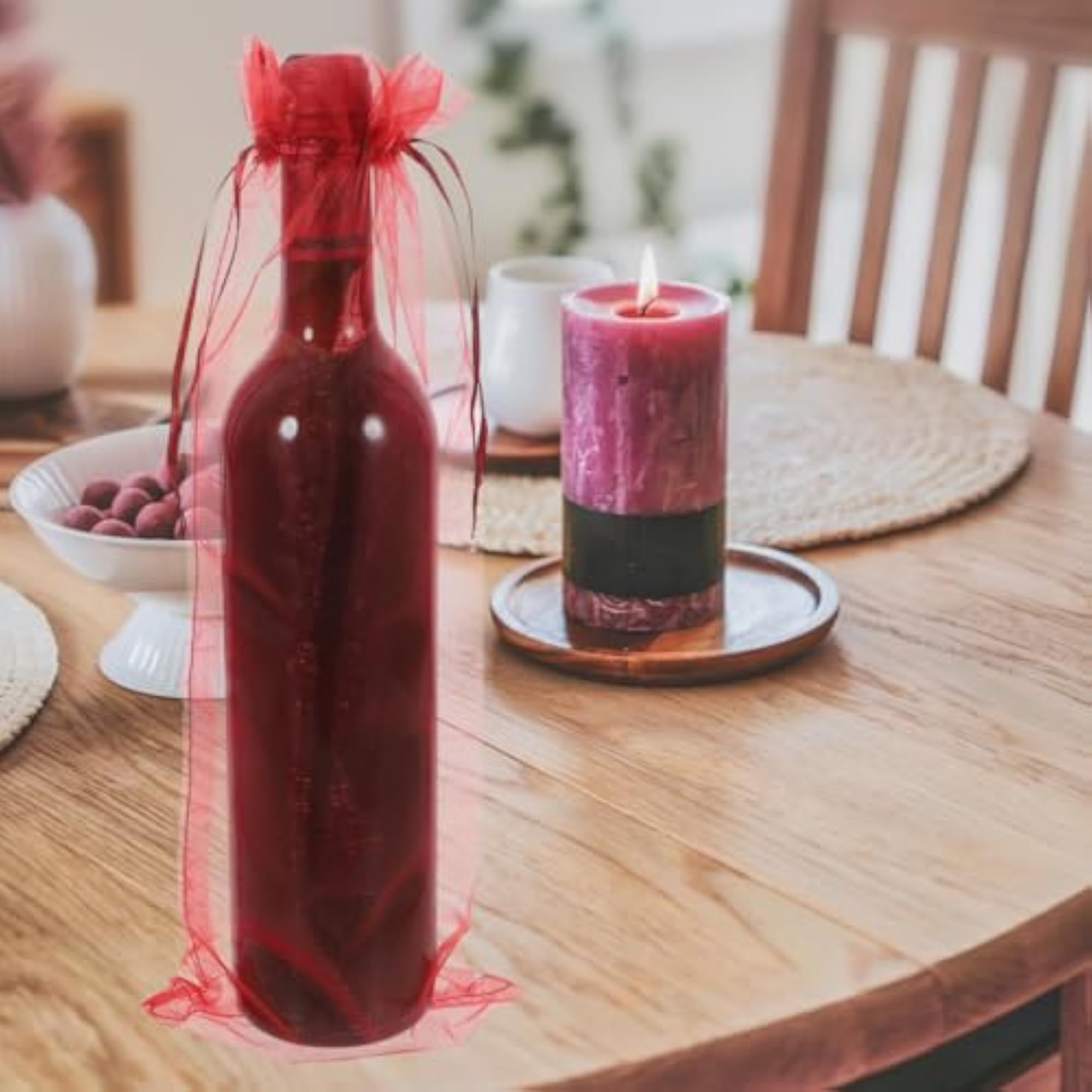 10pcs Sheer Wine Gift Bag, Dark Red with Drawstring