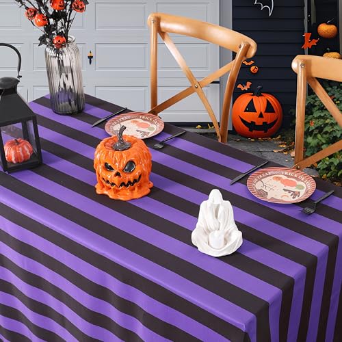 Black and Purple Striped Rectangle Tablecloth 57x120 Inch Halloween Decor