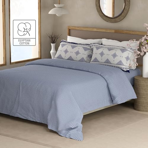 Image of BOUTIQUE LIVING Heritage Walk 100% Egyptian Cotton 200 TC Blue Ethnic Print King Bedsheet with 2 Pillow Covers