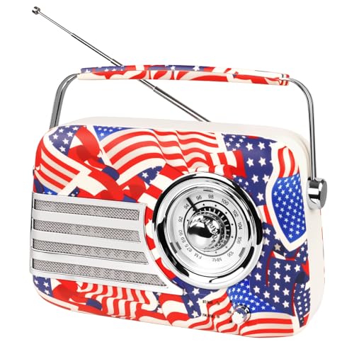 adoobox Portable Vintage Radio Bluetooth Speaker, FM Retro Radio 87.5-108MHz, 2500mAh Rechargeable Battery, 20+ Hours Playtime with Bluetooth 5.3, Type-C Charging, Patriotic American Flag Design