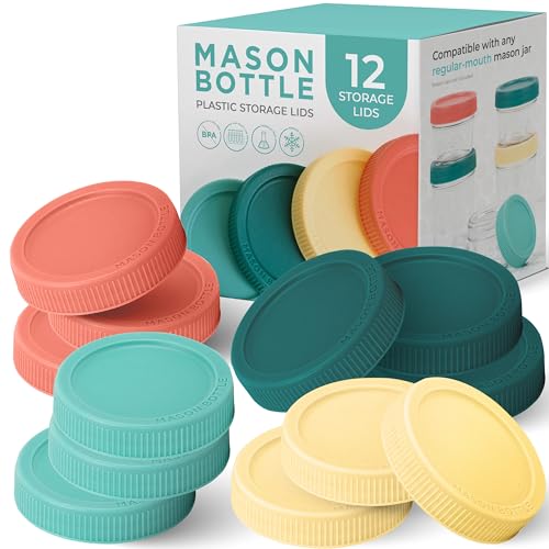 Image of Mason Bottle Plastic Storage Lids (12-Pack) – Fits Regular-Mouth Mason Jars – Silicone Inner Seal, Rust-Proof, BPA-Free, Made in USA (Jar Not Included)