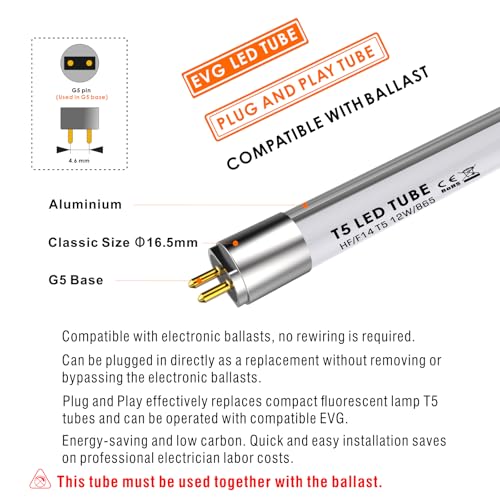IHYCTV EVG LED Röhre T5 549mm, Tageslichtweiß, 6500K, F14T5, 12W, 1550lm, 140 Grad, Blendfrei, ersatz für leuchtstoffröhre mit G5 Sockel, 1 Stück
