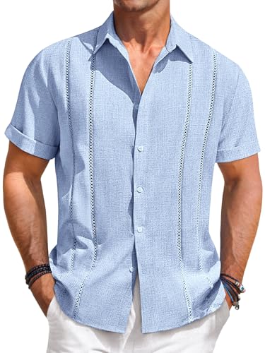 Runcati Camisa de manga corta para hombre, estilo guayabera, camisa de verano, ligera, con botones, playa y corte regular informal, azul celeste, XXL