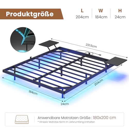 AOGLLATI Bettgestell 180x200 Bett 180x200 aus Metall mit LED Beleuchtung und Ladestation Schwebender Bettrahmen mit Aufbewahrungsregalen Metallbett mit Lattenrost Doppelbett Schwarz (Ohne Matratze) – Bild 3
