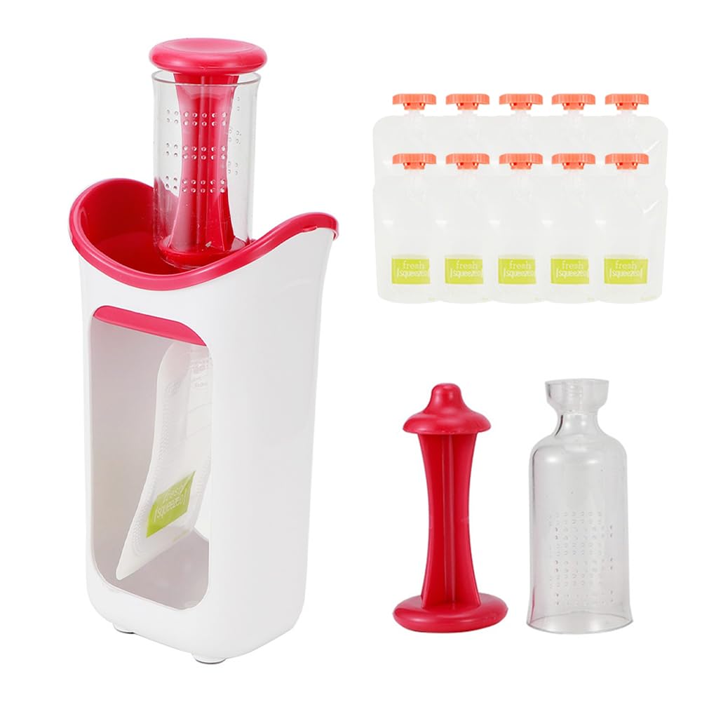 Station de compression pour aliments faits maison, système de magasin de presse, presse-purée de fruits portable, pochettes alimentaires faciles à nettoyer, passe au (Rose)