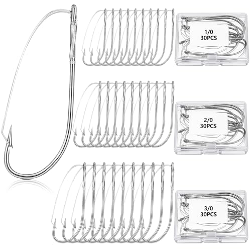 Rotatingpals 90 Pcs Weedless Wacky Rig Hooks 1/0 2/0 3/0 Bass Fishing Rig Worm Hooks Wide with Box for Wacky Rigging Worm Lure