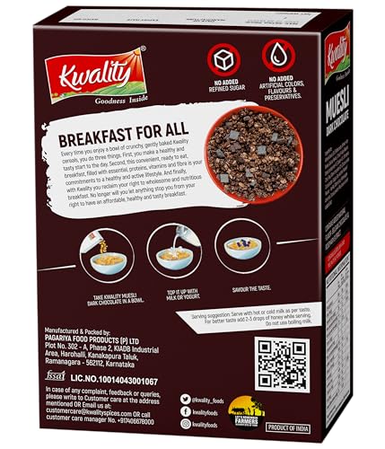 Image of Kwality Muesli Crunchy Dark Chocolate 400g | 65% Whole Grains + Seeds + Nuts & Dried Fruits, High Protein & Fiber, Healthy Breakfast Cereal