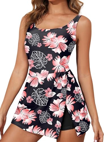 Aleumdr Women's One Piece Swimdress Split Shorts Swimwear Floral Small