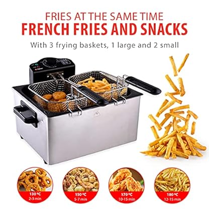 alpina Doppel Friteuse 5L WJ-801 - Fritteuse mit Öl 200W - Fritöse mit 3 Körbe - Einstellbarer Thermostat bis 190 °C - Geschützt gegen Überhitzung - Perfekt für Pommes oder Snacks - Edelstahl - Silber – Bild 8