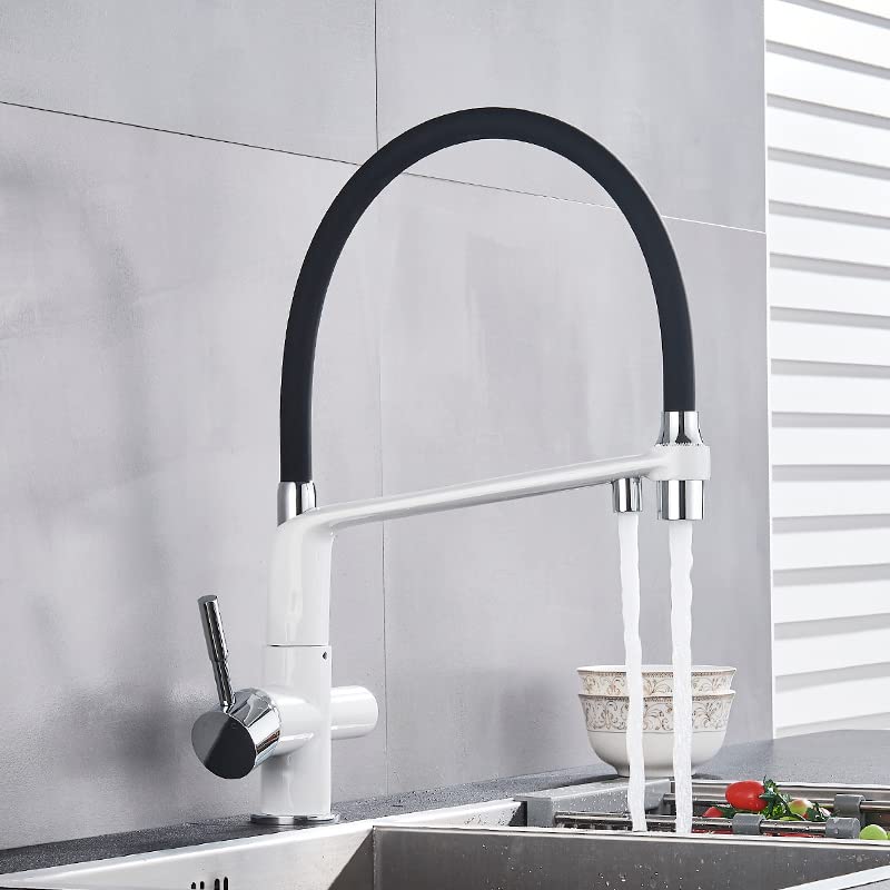 Robinet d'évier de cuisine avec filtre à eau mitigeur blanc à double bec