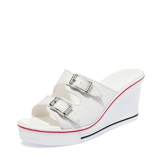 ALLINNINE Womens Slipper Espadrilles Platform Wedge (D-Buckle White, 9.5)