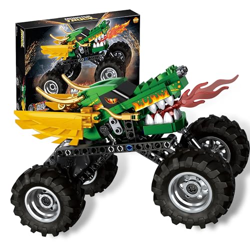 ParkourBoy Technic Building Monster Dragon Truck Toy for Boys and Girls, 2in1 Racing Pull Back Car Toys for Off Road Stunts, Kids Birthday Gift Idea, Great Activity for Kids (Green)