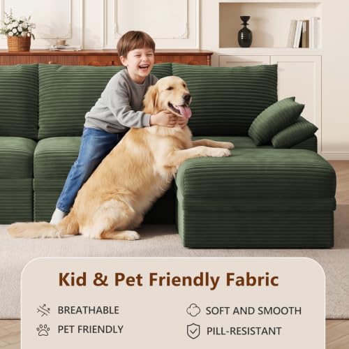 107" Modular Sectional Sofa Boneless Couch with Storage,U-Shape 3 Seat Comfy Modern Cloud Couch Sofa with Ottoman, 27" Deep Seat Corduroy Sofa for Living Room, Tool-Free Assembly - Green - image 4